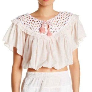 Free People "Allora" White Peach Crochet Neck Top